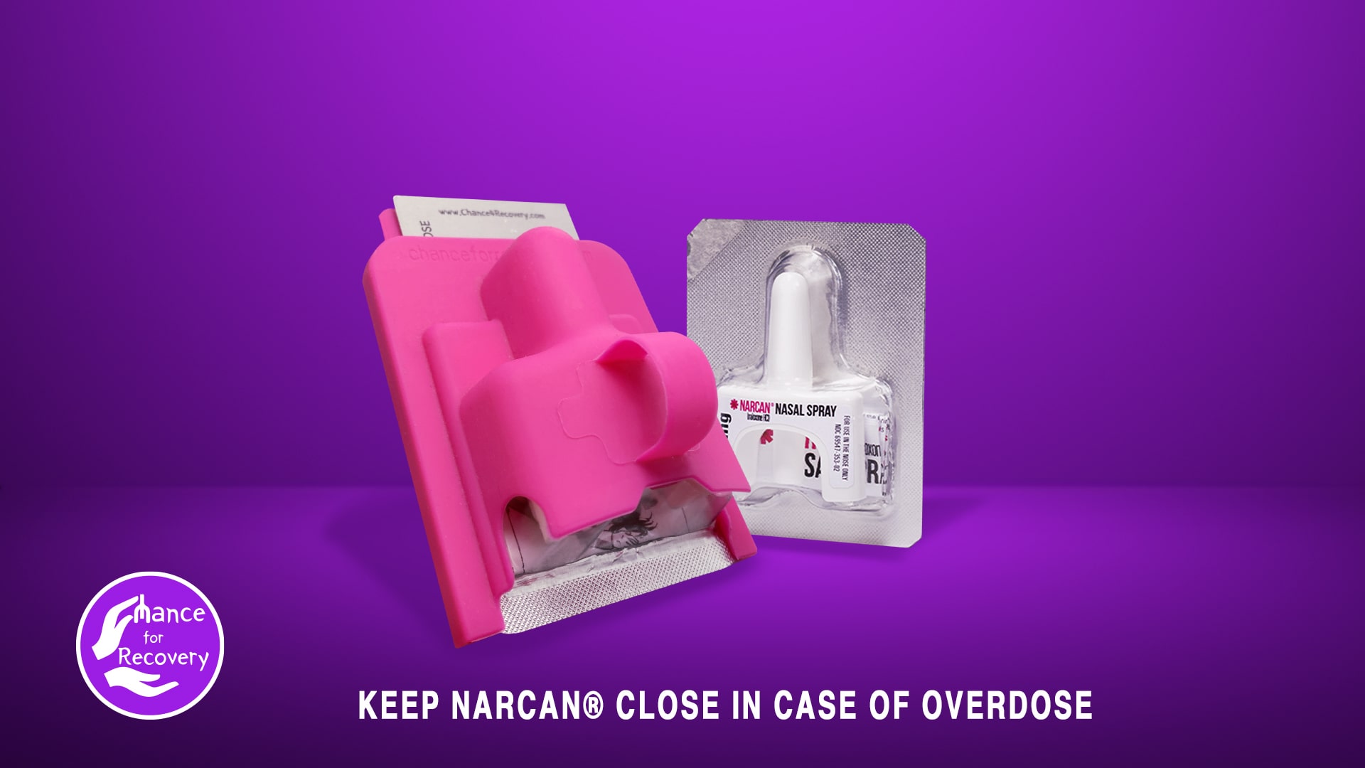 pink narcan holder on purple background